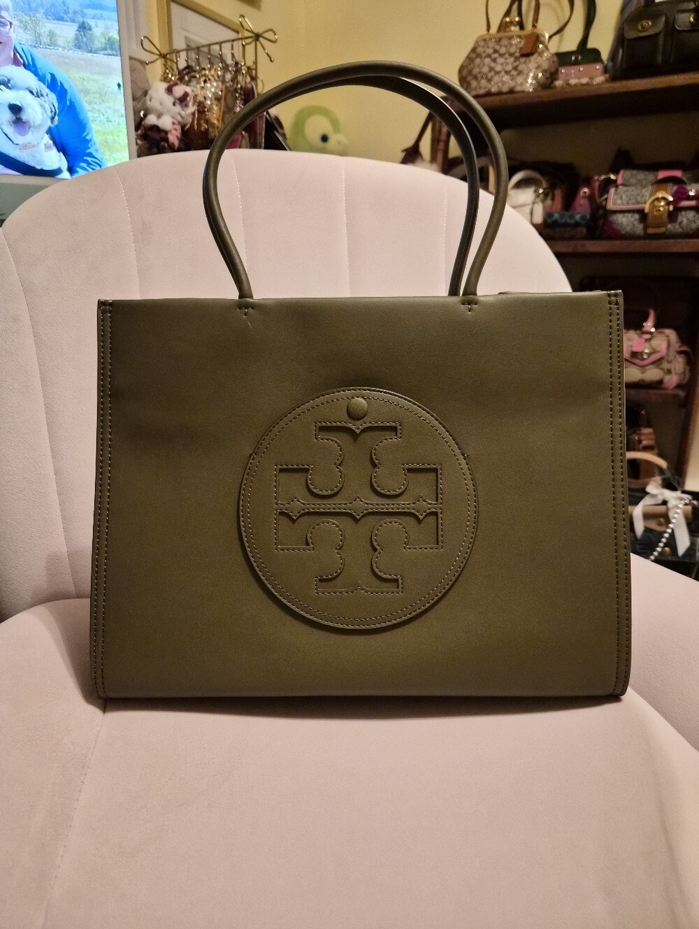 Like New Tory Burch Olive Green Leather Logo Tote